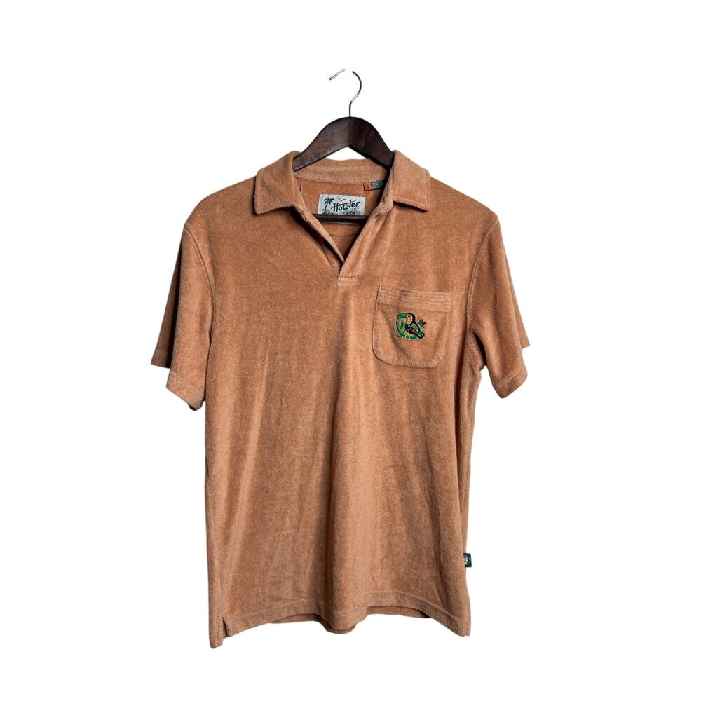 Howler Brothers Terry Cloth TOucan Pocket Polo Shirt size S Camel Brown